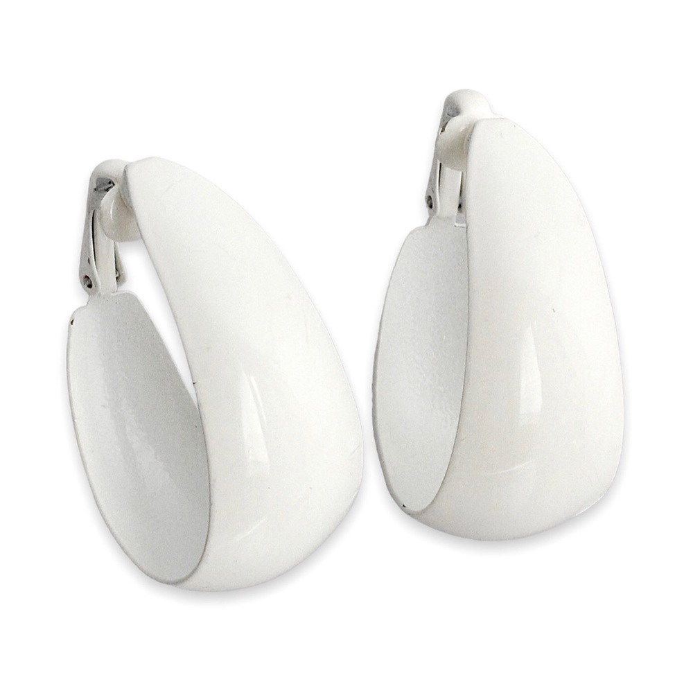 Vintage White Enamel Clip On Hoop Earrings Large Statement Domed Hoops Retro Mod